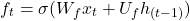 \begin{equation*} f_t = \sigma(W_fx_t + U_fh_{(t-1)}) \end{equation*}