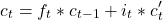 \begin{equation*} c_t = f_t*c_{t-1} + i_t * c'_t \end{equation*}